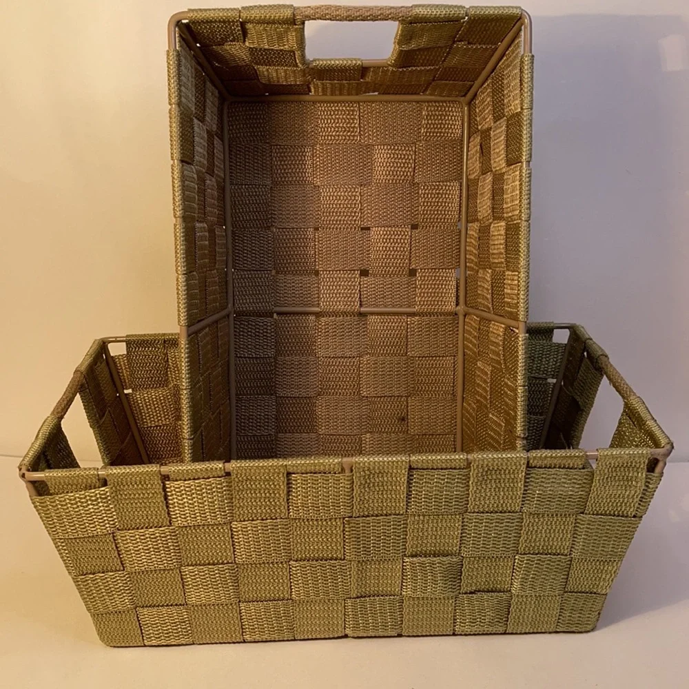 Storage bin set Nesting green canvas strap metal frame basket set